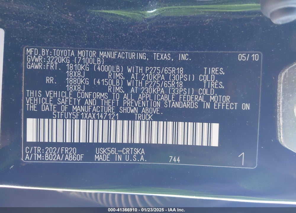 2010 TOYOTA TUNDRA GRADE 5.7L V8 VIN: 5TFUY5F1XAX147121