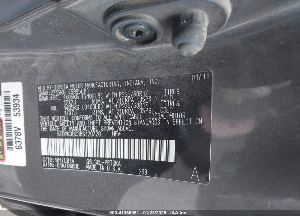 2011 TOYOTA SIENNA XLE V6 VIN: 5TDYK3DC3BS120720