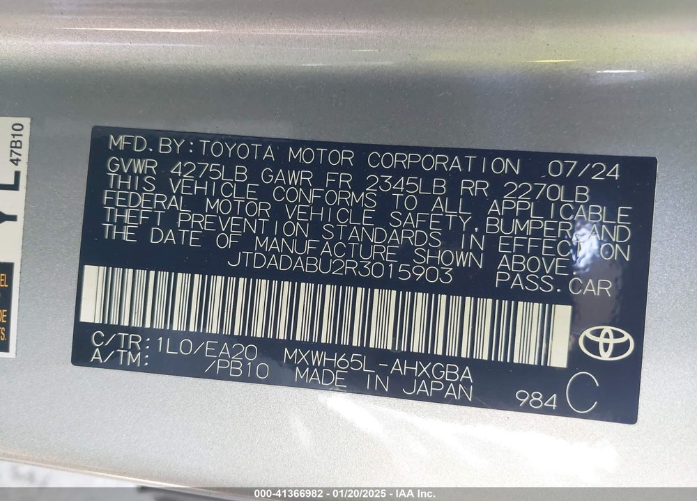 2024 TOYOTA PRIUS VIN: JTDADABU2R3015903