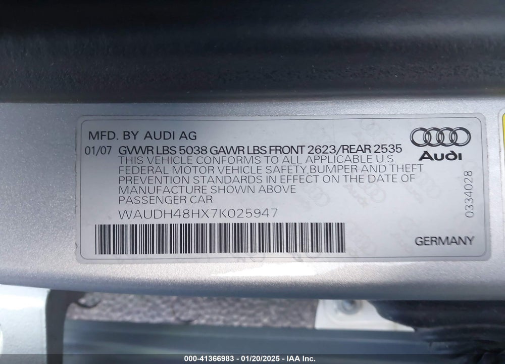 2007 AUDI A4 3.2 VIN: WAUDH48HX7K025947
