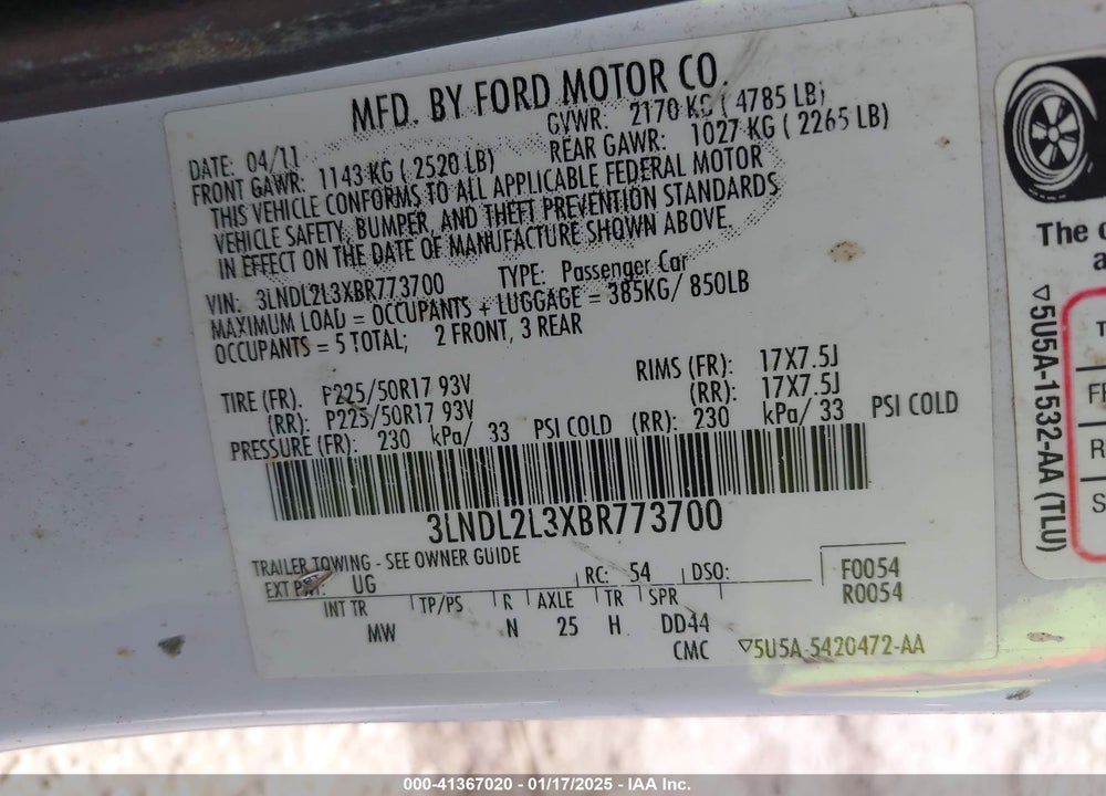 2011 LINCOLN MKZ HYBRID VIN: 3LNDL2L3XBR773700