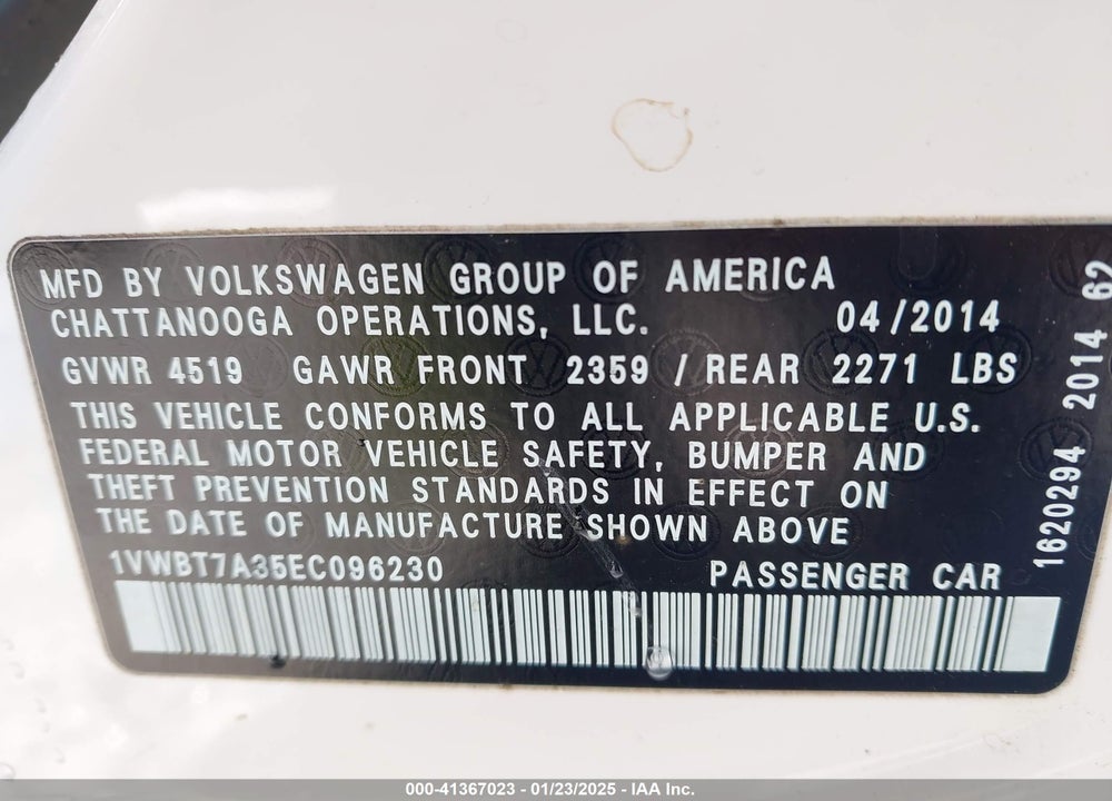 2014 VOLKSWAGEN PASSAT VIN: 1VWBT7A35EC096230