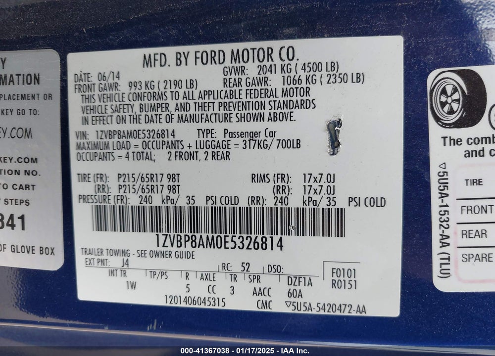 2014 FORD MUSTANG VIN: 1ZVBP8AM0E5326814