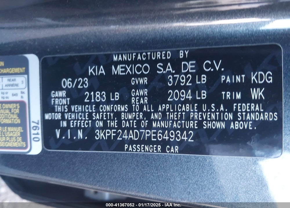 2023 KIA FORTE LXS VIN: 3KPF24AD7PE649342