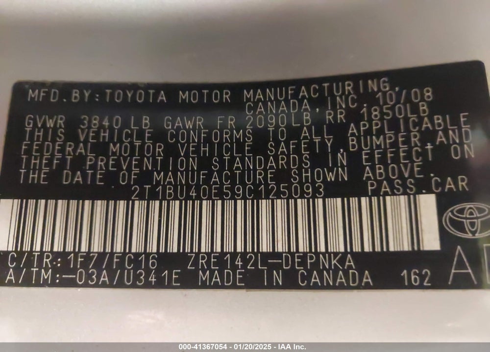 2009 TOYOTA COROLLA XLE VIN: 2T1BU40E59C125093