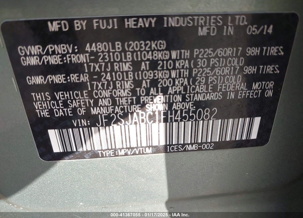 2015 SUBARU FORESTER 2.5I VIN: JF2SJABC1FH455082