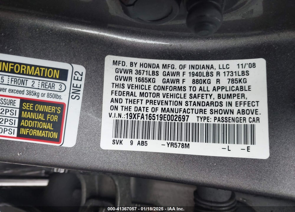 2009 HONDA CIVIC VIN: 19XFA16519E002697