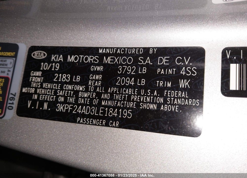 2020 KIA FORTE VIN: 3KPF24AD3LE184195