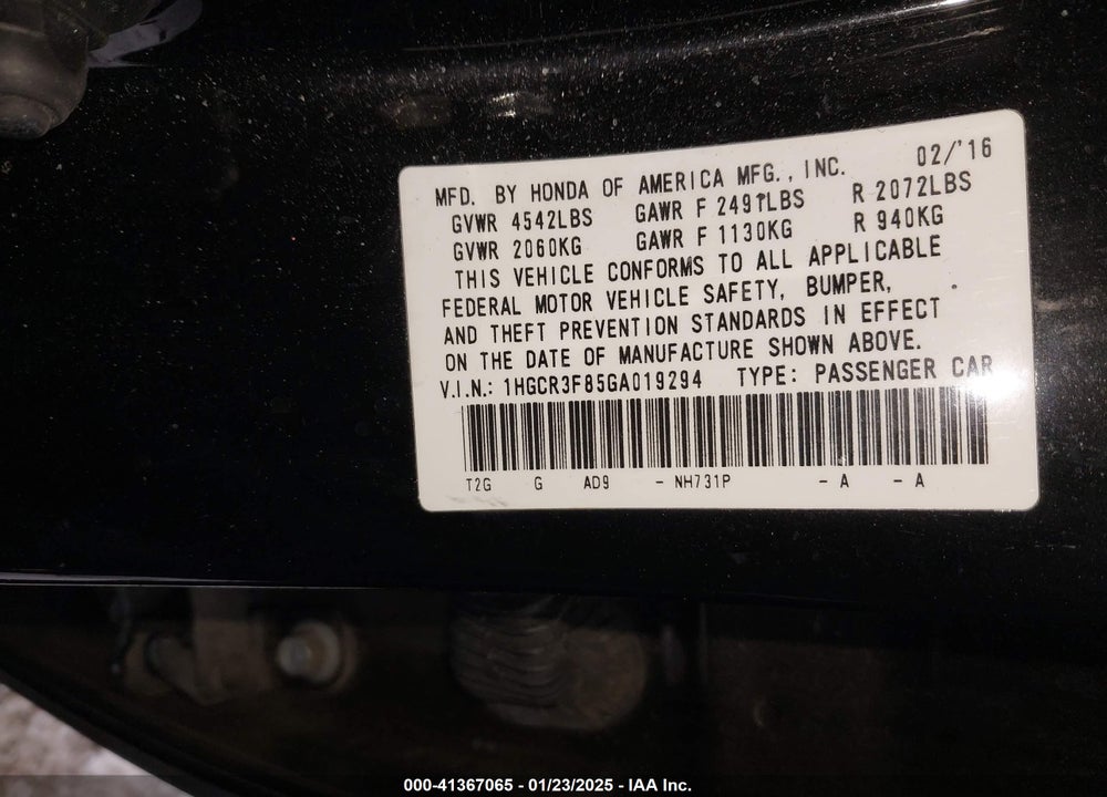 2016 HONDA ACCORD VIN: 1HGCR3F85GA019294