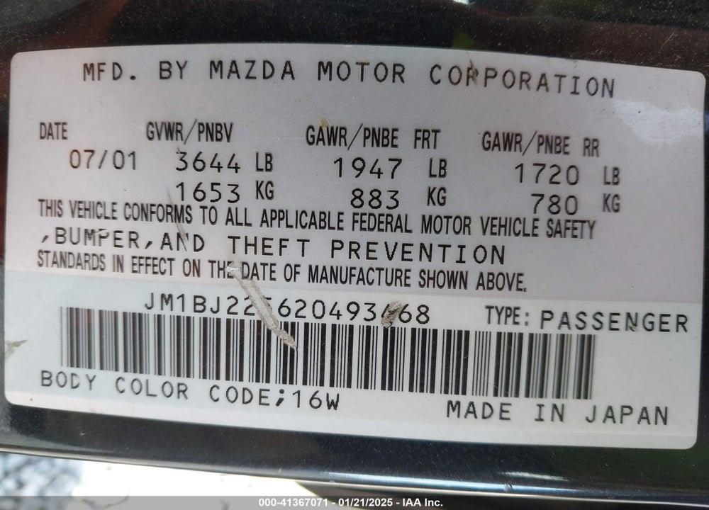 2002 MAZDA PROTEGE DX/ES/LX VIN: JM1BJ225620493468