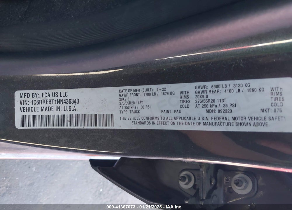 2022 RAM 1500 VIN: 1C6RREBT1NN436343