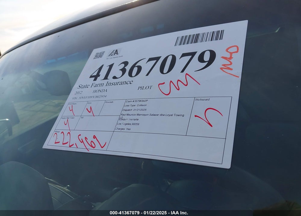 2012 HONDA PILOT TOURING VIN: 5FNYF3H97CB023934