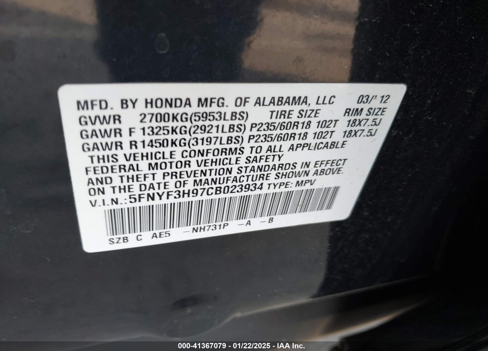 2012 HONDA PILOT TOURING VIN: 5FNYF3H97CB023934