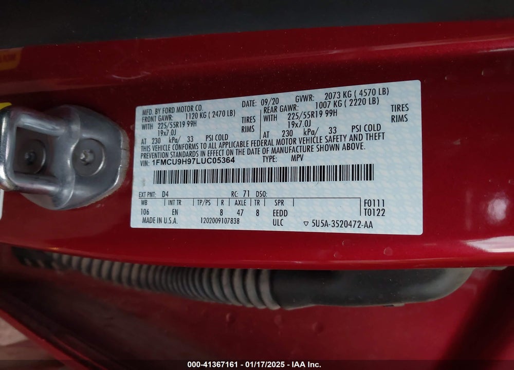 2020 FORD ESCAPE SEL VIN: 1FMCU9H97LUC05364