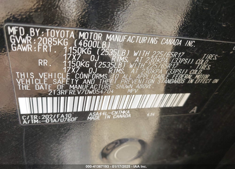 2013 TOYOTA RAV4 XLE VIN: 2T3RFREV7DW054704