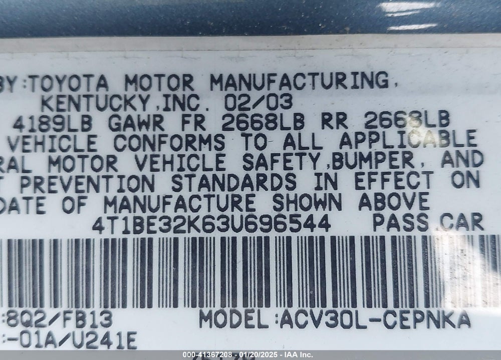 2003 TOYOTA CAMRY LE VIN: 4T1BE32K63U696544