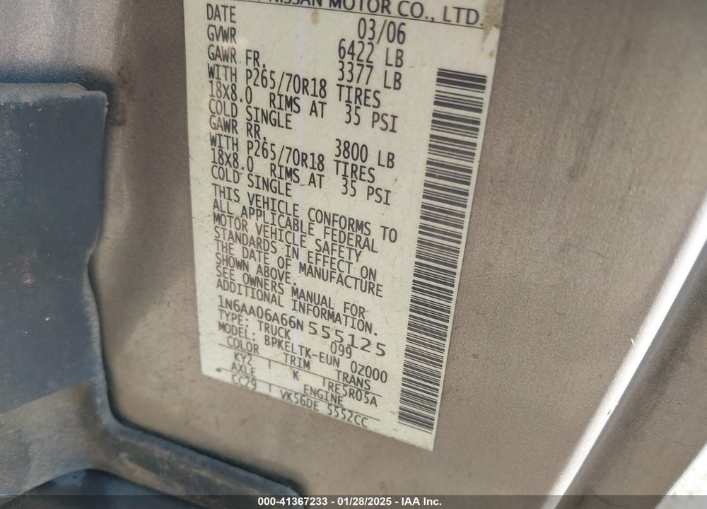 2006 NISSAN TITAN SE VIN: 1N6AA06A66N555125