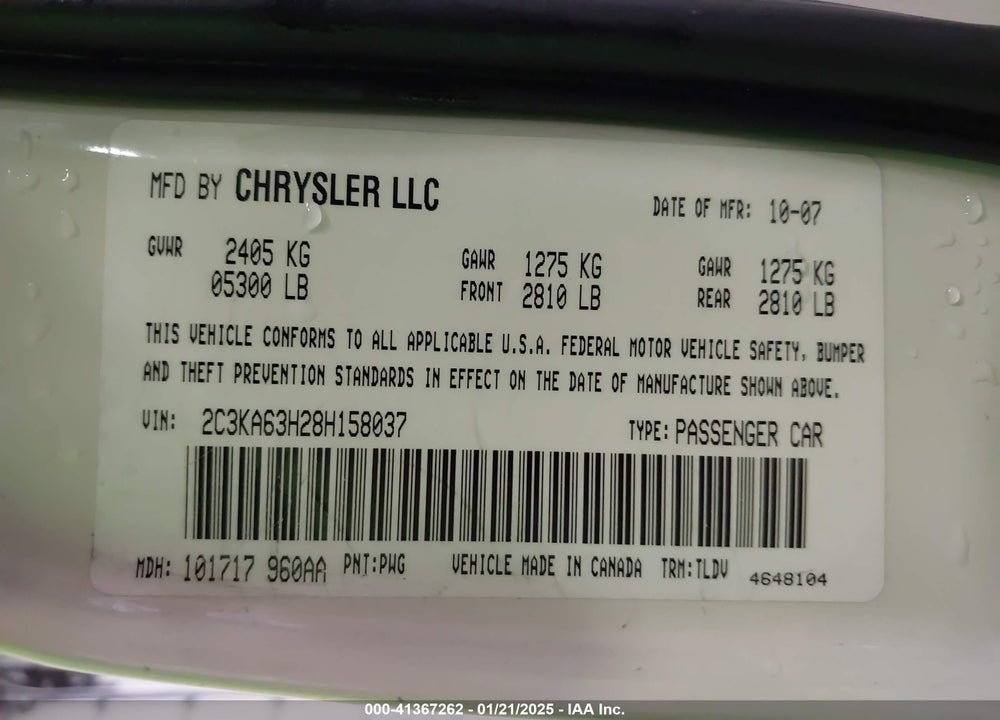 2008 CHRYSLER 300C HEMI VIN: 2C3KA63H28H158037