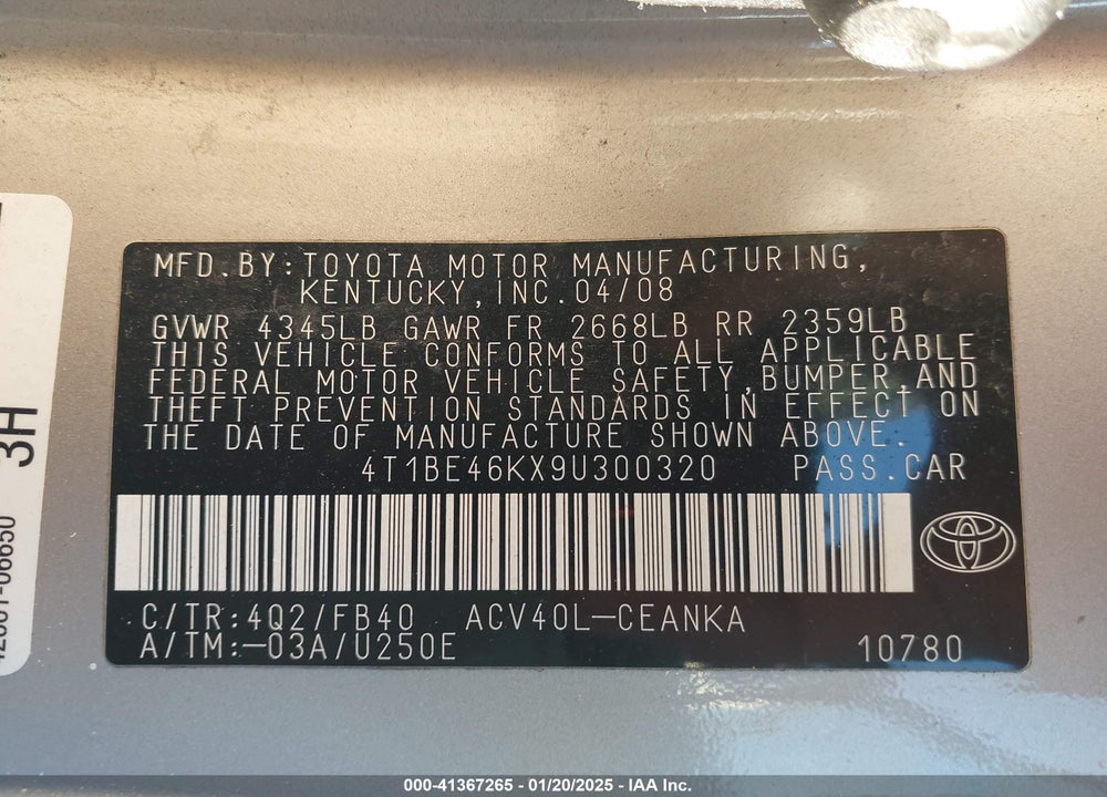 2009 TOYOTA CAMRY VIN: 4T1BE46KX9U300320