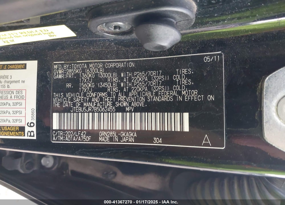 2011 TOYOTA 4RUNNER SR5 V6 VIN: JTEBU5JR7B5062455