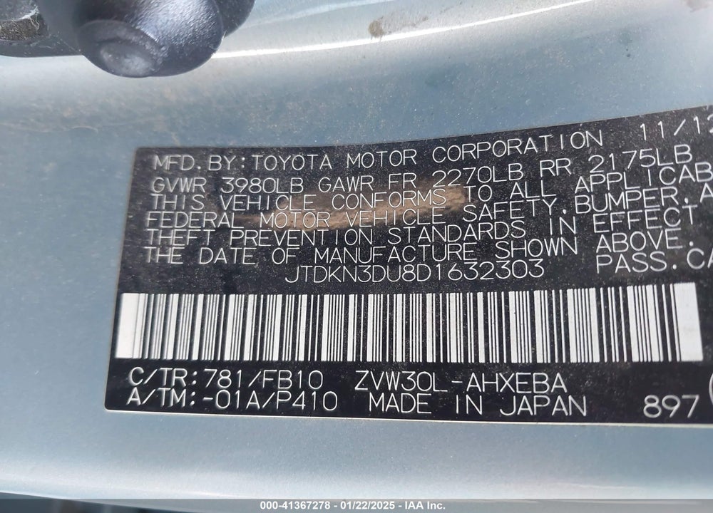 2013 TOYOTA PRIUS TWO VIN: JTDKN3DU8D1632303