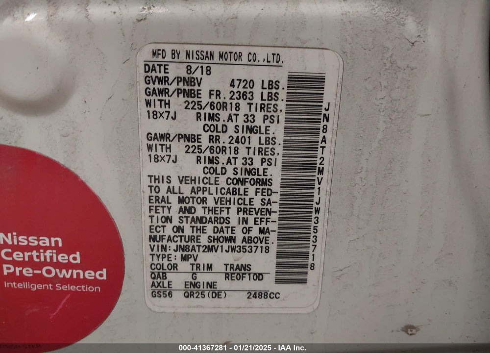 2018 NISSAN ROGUE VIN: JN8AT2MV1JW353718