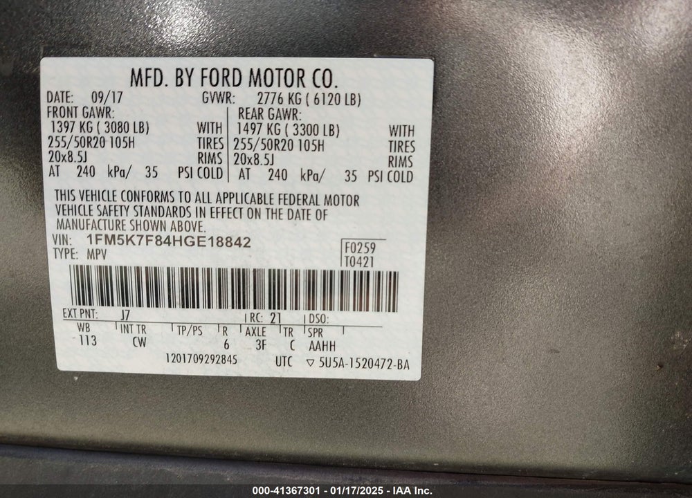 2017 FORD EXPLORER LIMITED VIN: 1FM5K7F84HGE18842