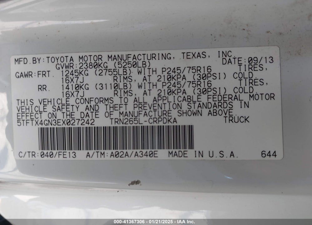2014 TOYOTA TACOMA VIN: 5TFTX4GN3EX027242