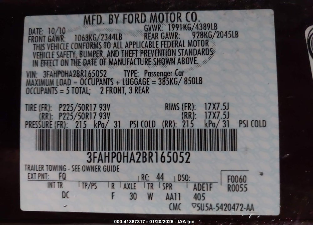 2011 FORD FUSION VIN: 3FAHP0HA2BR165052