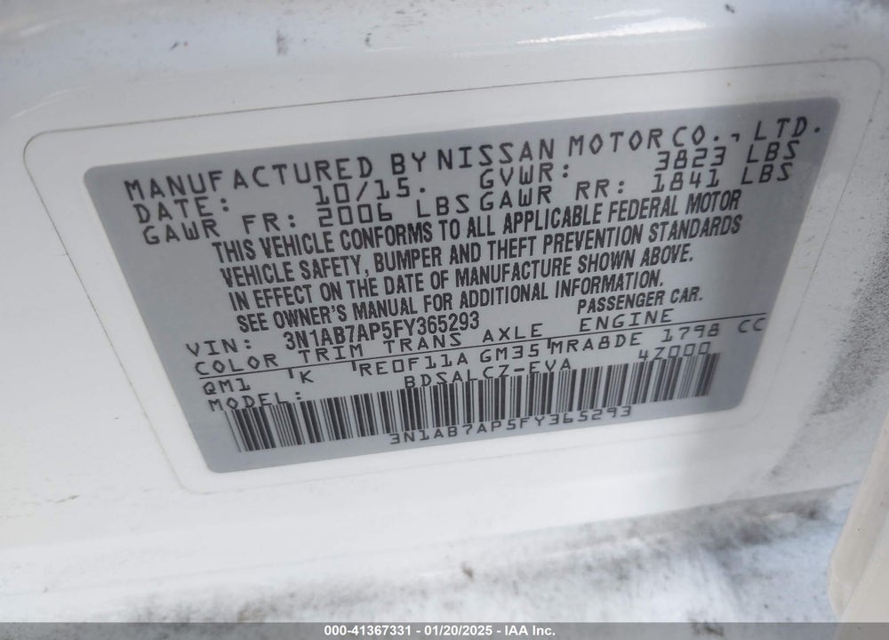 2015 NISSAN SENTRA S VIN: 3N1AB7AP5FY365293