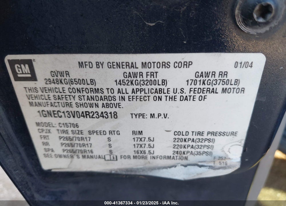 2004 CHEVROLET TAHOE LS VIN: 1GNEC13V04R234318