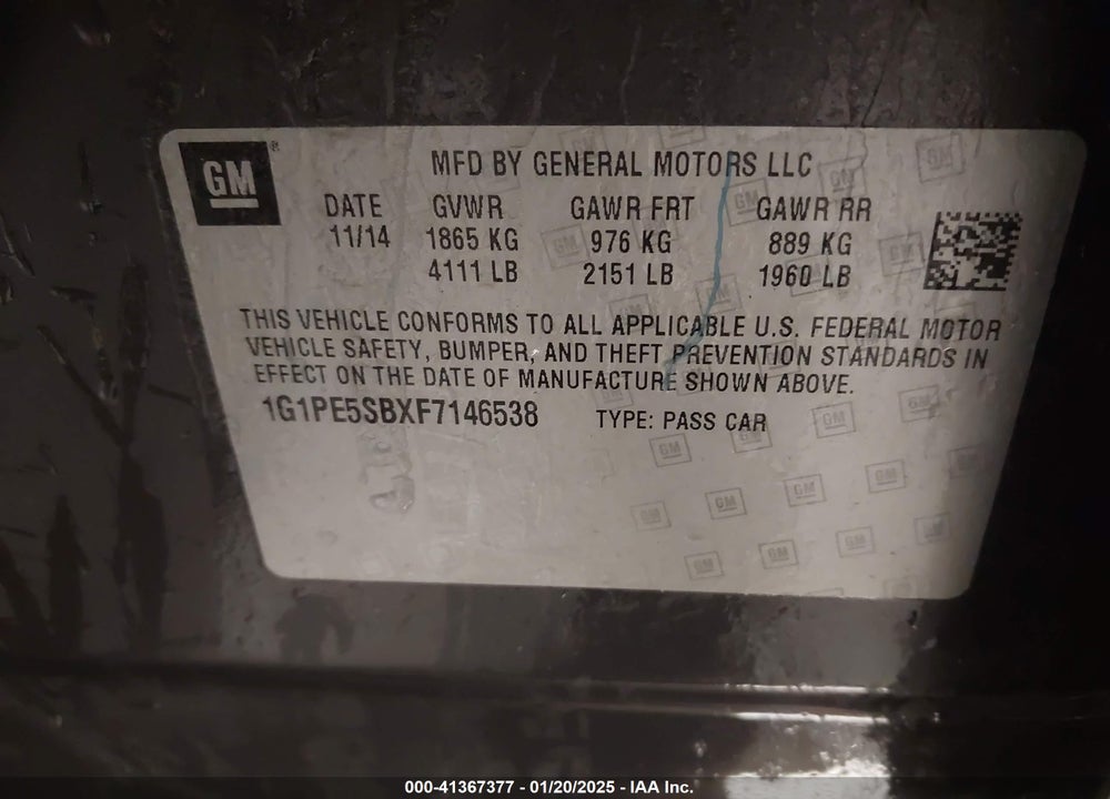 2015 CHEVROLET CRUZE VIN: 1G1PE5SBXF7146538
