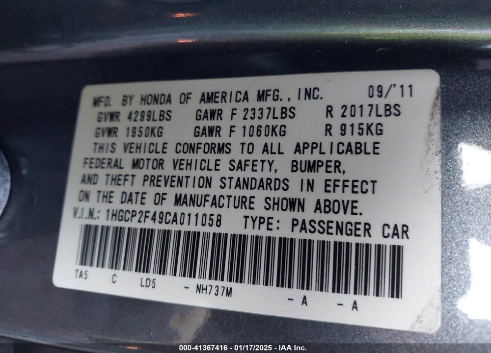 2012 HONDA ACCORD SDN VIN: 1HGCP2F49CA011058