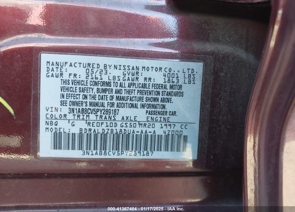 2023 NISSAN SENTRA VIN: 3N1AB8CV5PY289187