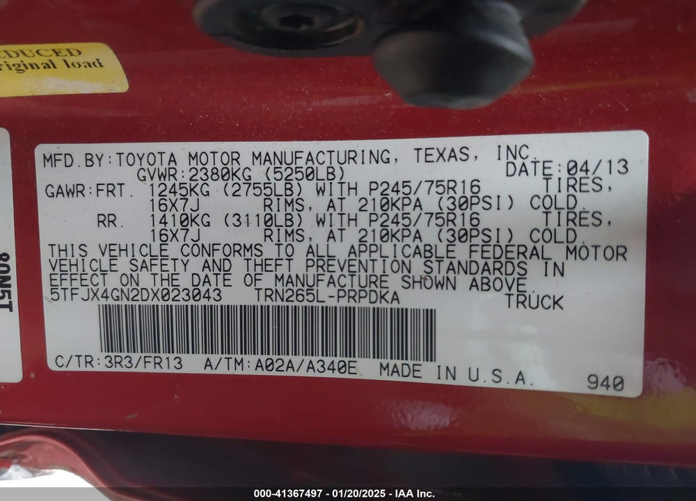 2013 TOYOTA TACOMA PRERUNNER VIN: 5TFJX4GN2DX023043