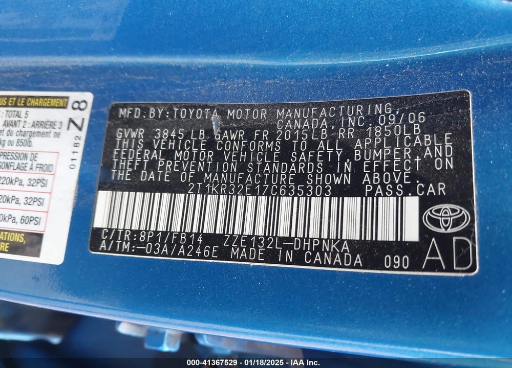 2007 TOYOTA MATRIX/XR VIN: 2T1KR32E17C635303