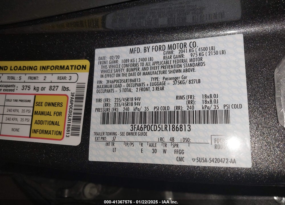 2020 FORD FUSION SEL VIN: 3FA6P0CD5LR186813