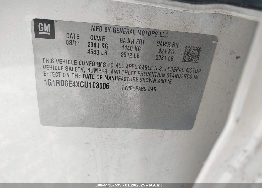 2012 CHEVROLET VOLT VIN: 1G1RD6E4XCU103006