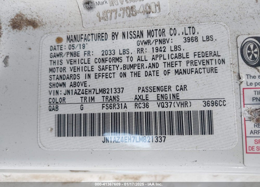 2020 NISSAN 370Z SPORT/SPORT TOURING/NISMO VIN: JN1AZ4EH7LM821337