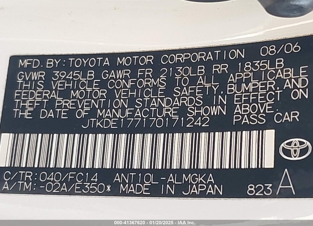 2007 SCION TC VIN: JTKDE177170171242