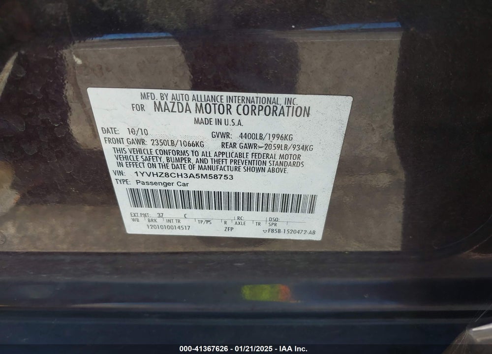 2010 MAZDA MAZDA6 VIN: 1YVHZ8CH3A5M58753