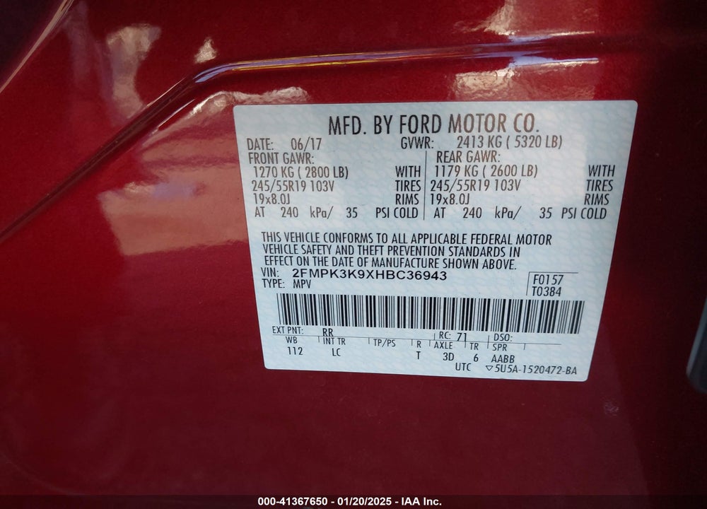 2017 FORD EDGE TITANIUM VIN: 2FMPK3K9XHBC36943