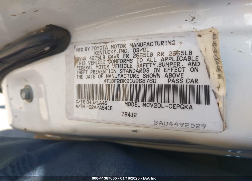 2001 TOYOTA CAMRY XLE V6 VIN: 4T1BF28K91U968760