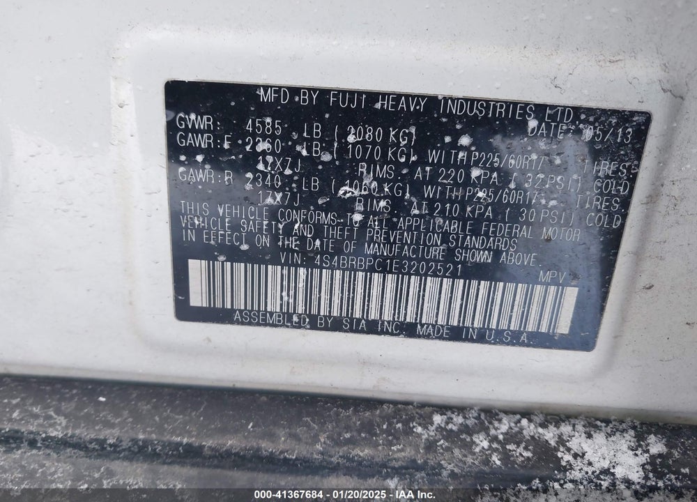 2014 SUBARU OUTBACK 2.5I LIMITED VIN: 4S4BRBPC1E3202521