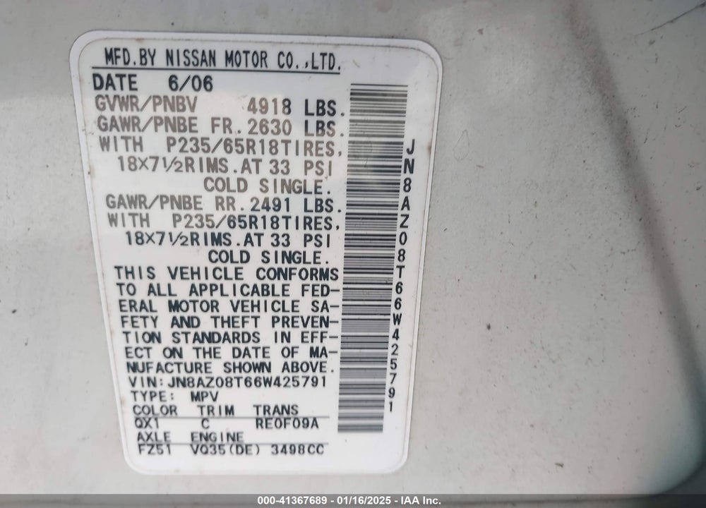 2006 NISSAN MURANO SL VIN: JN8AZ08T66W425791