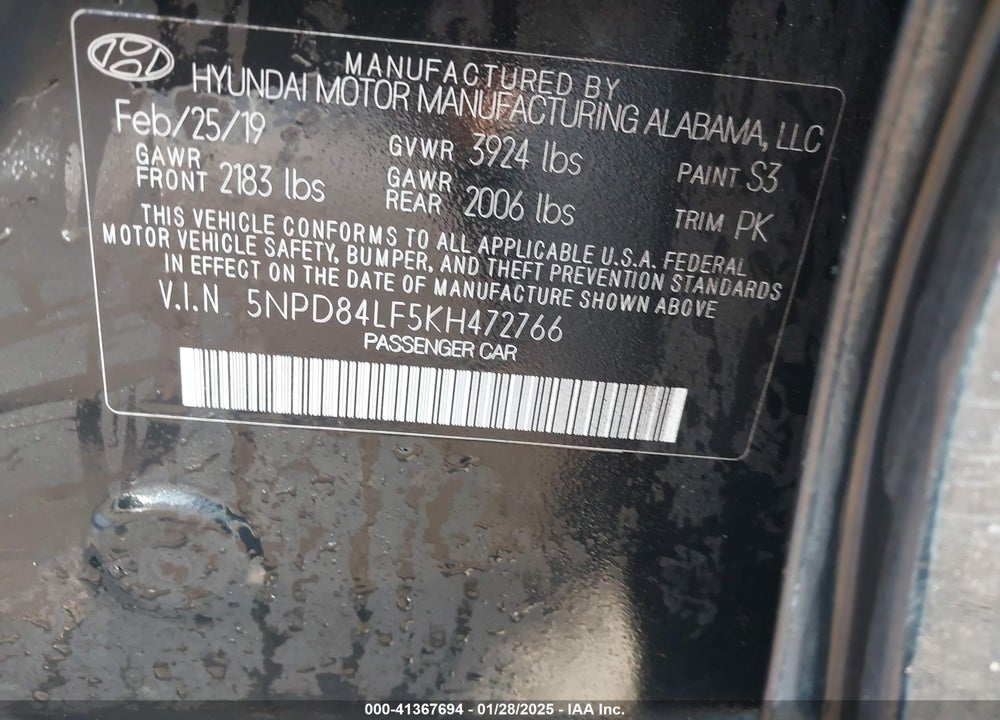 2019 HYUNDAI ELANTRA SEL VIN: 5NPD84LF5KH472766