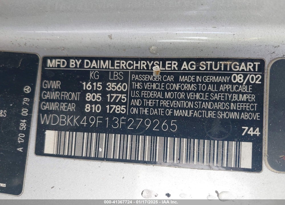 2003 MERCEDES-BENZ SLK 230 KOMPRESSOR VIN: WDBKK49F13F279265