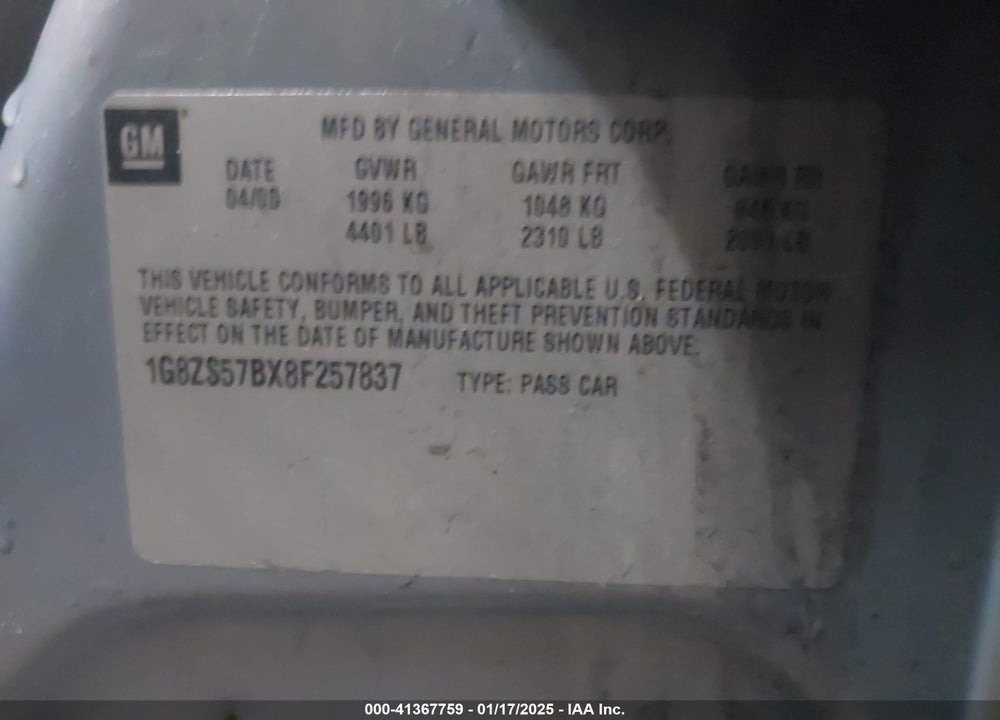 2008 SATURN AURA VIN: 1G8ZS57BX8F257837