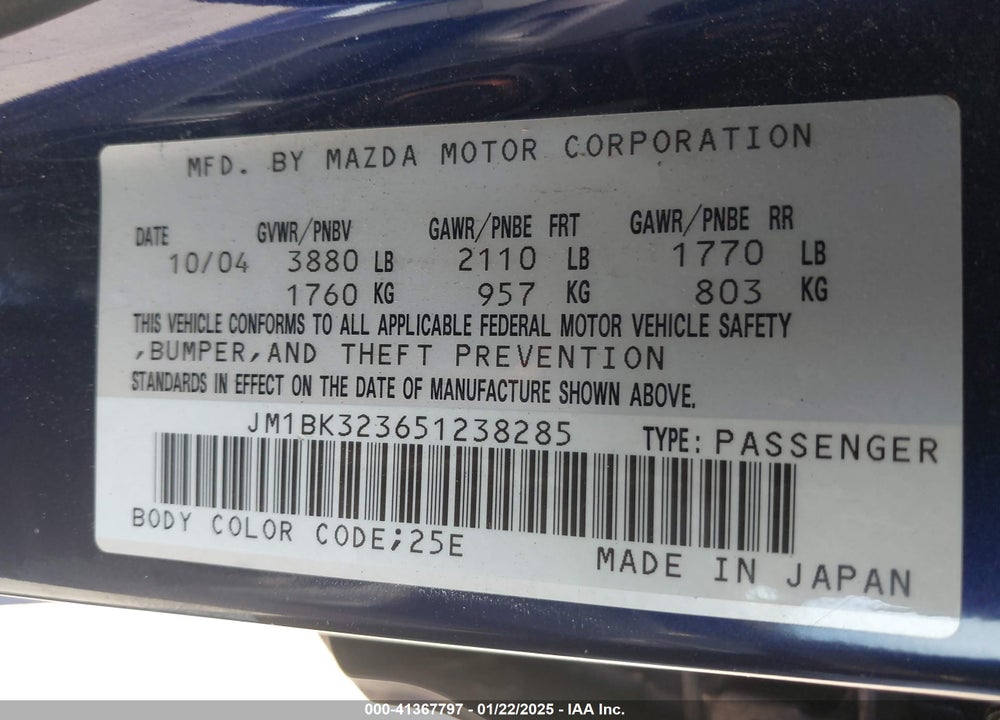 2005 MAZDA 3 S VIN: JM1BK323651238285