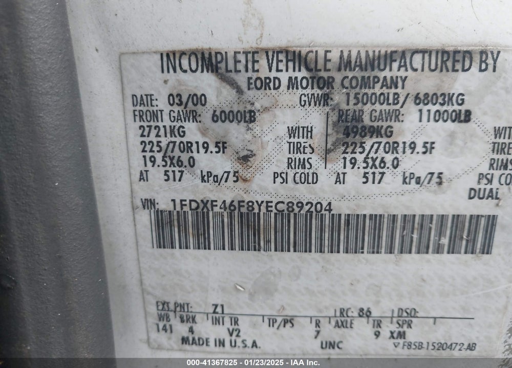 2000 FORD F-450 LARIAT/XL/XLT VIN: 1FDXF46F8YEC89204
